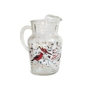 Vintage‎ Mid-Century Glass Pitcher Cardinals & Dogwood Pattern 10" Drinkware Jug